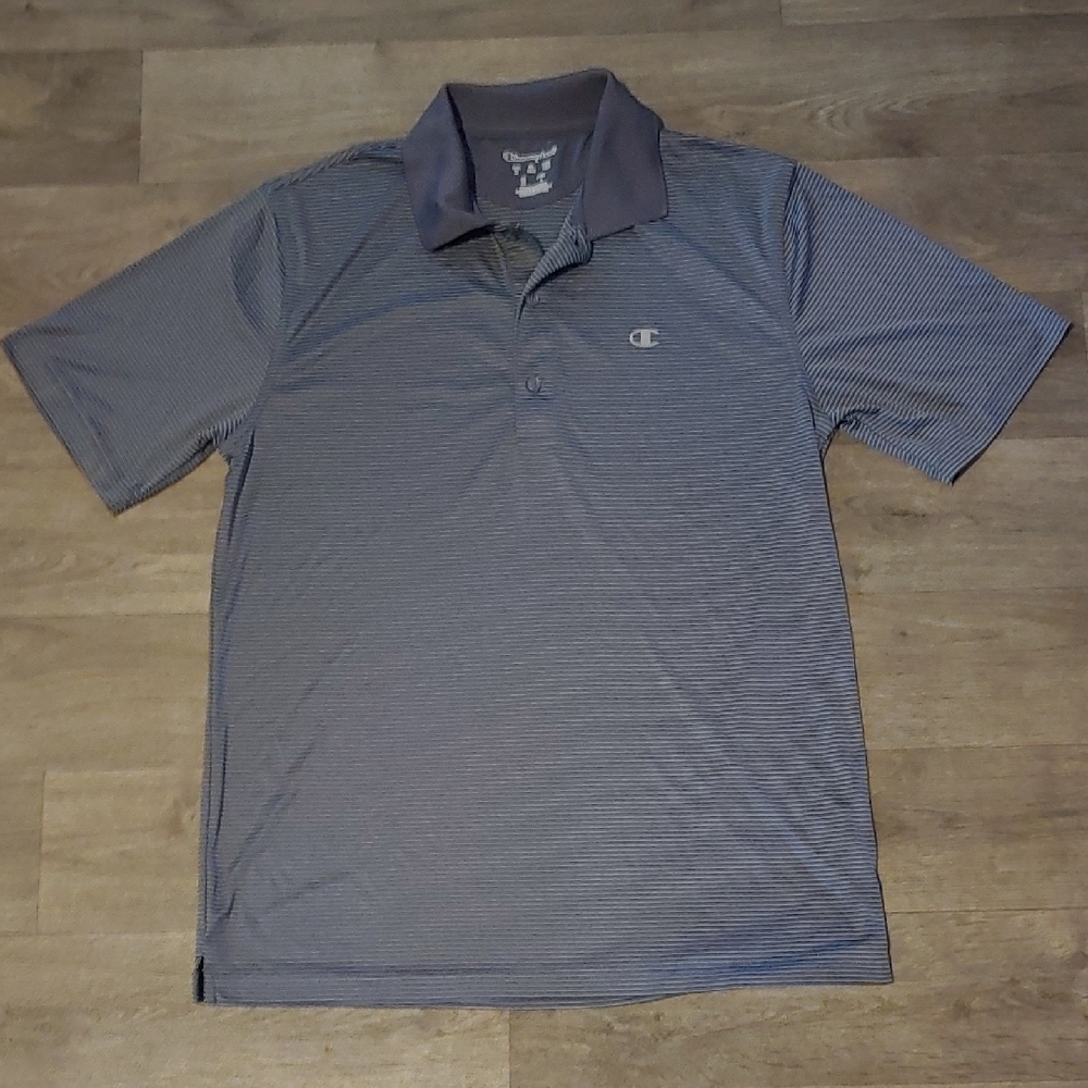 Champion Men's Blue Gray White Stripped Polo Shirt Size Medium Golf Shirt